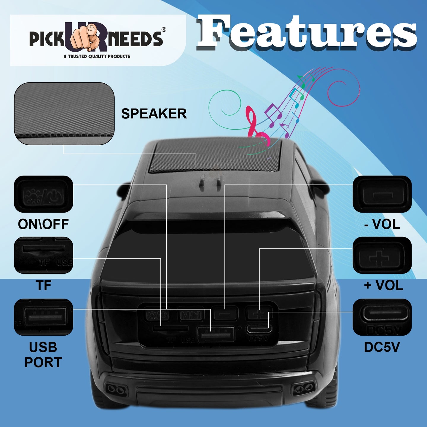 Pick Ur Needs Car Design Wireless Speaker USB / TF Card / FM Support RGB Light 1200mAh Battery 10 W Bluetooth Speaker
